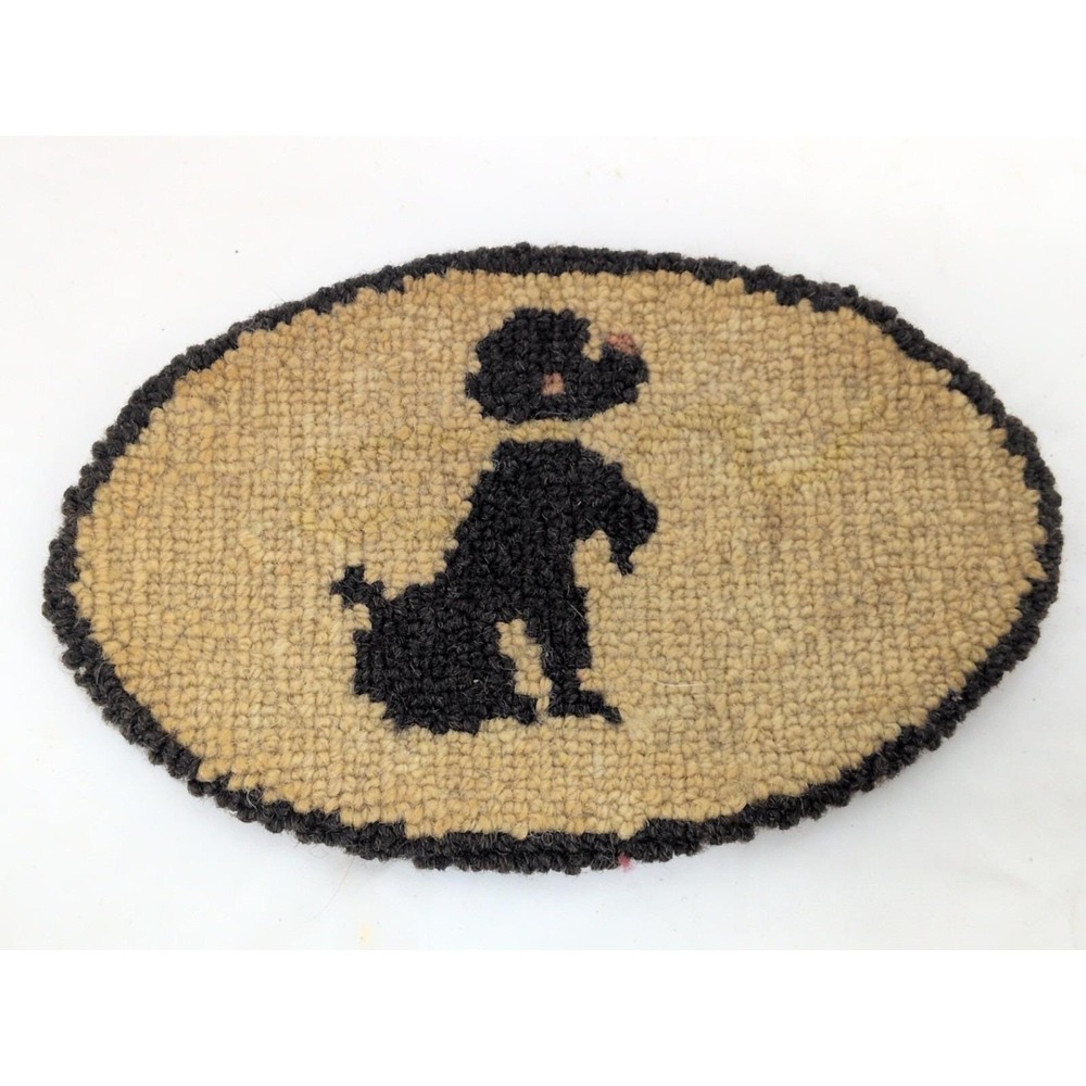 Antique American Hooked Rug Miniature 4"x6"  Poodle Dog Black  White Dollhouse